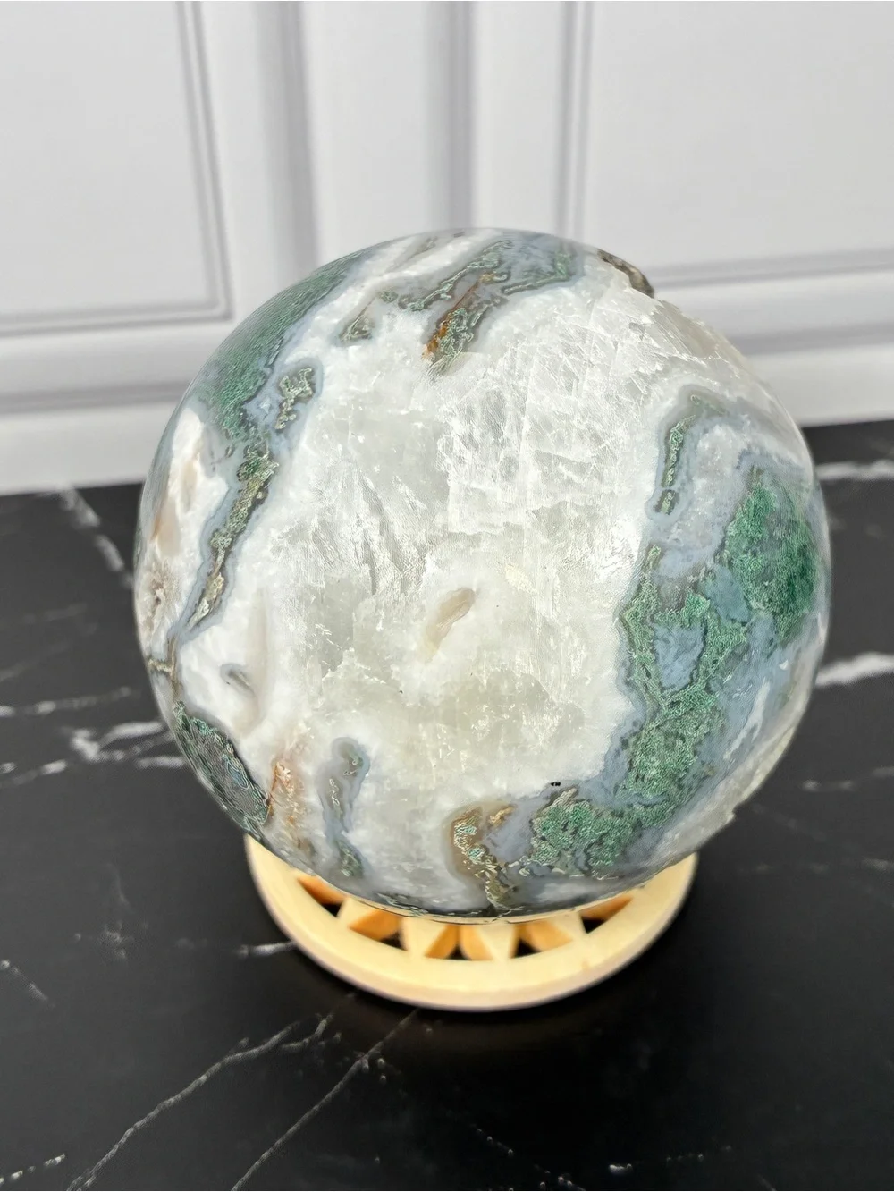 Emerald Dreamscape — Moss Agate Druzy Sphere & Tower Crystal Set